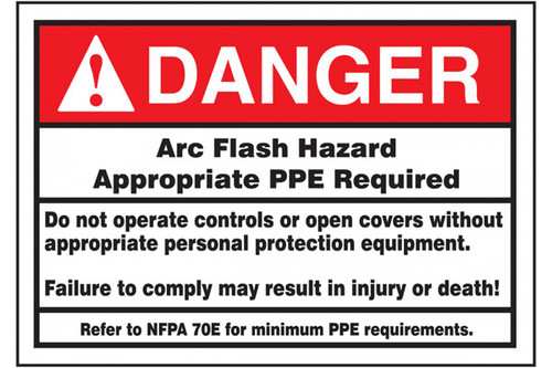 A photograph of a red and white 07332 ANSI danger arc flash label with detailed text instructions.