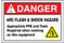 A photograph of a red and white 07333 ANSI danger arc flash label with arc flash icon.