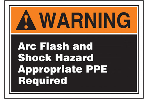 A photograph of an orange and black 07334 ANSI warning arc flash label with white text.