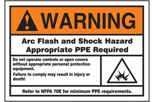 A photograph of an orange and white 07335 ANSI warning arc flash label, with detailed text and arc flash icon.