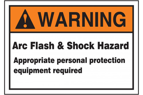 A photograph of an orange and white 07336 ANSI warning arc flash label, with basic text.