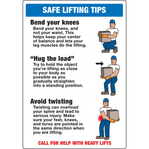 A photograph of a blue and white 12311 safe lifting tips sign with illustrations.