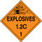 An orange and black photograph of a 03081 dot explosives placards, reading explosives 1.2C 1 with graphic.