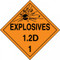 An orange and black photograph of a 03081 dot explosives placards, reading explosives 1.2D 1 with graphic.