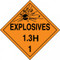 An orange and black photograph of a 03082 dot explosives placards, reading explosives 1.3H 1 with graphic.