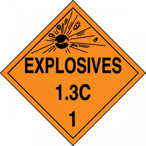 An orange and black photograph of a 03082 dot explosives placards, reading explosives 1.3C 1 with graphic.