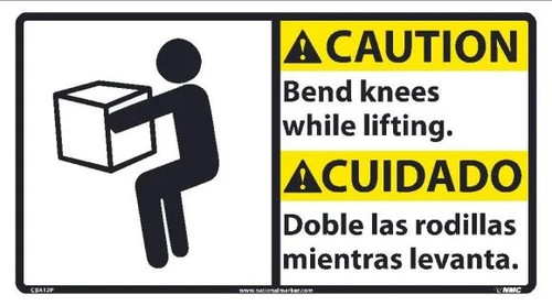 A drawing of the Bilingual English/Spanish Sign: Caution Bend Knees While Lifting w/ Icon as described in the product description.