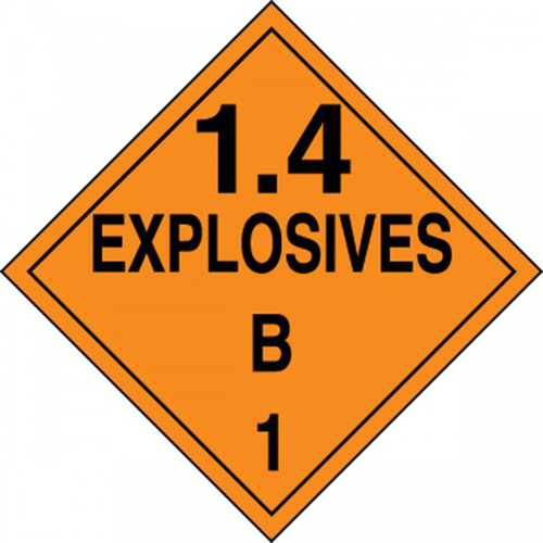 An orange and black photograph of a 03083 dot explosives placards, reading explosives 1.4B 1 with graphic.