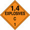 An orange and black photograph of a 03083 dot explosives placard, reading explosives 1.4C 1 with graphic.