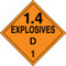 An orange and black photograph of a 03083 dot explosives placard, reading explosives 1.4D 1 with graphic.
