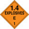 An orange and black photograph of a 03083 dot explosives placard, reading explosives 1.4E 1 with graphic.