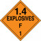 An orange and black photograph of a 03083 dot explosives placard, reading explosives 1.4F 1 with graphic.