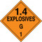 An orange and black photograph of a 03083 dot explosives placard, reading explosives 1.4G 1 with graphic.