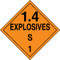 An orange and black photograph of a 03083 dot explosives placard, reading explosives 1.4S 1 with graphic.