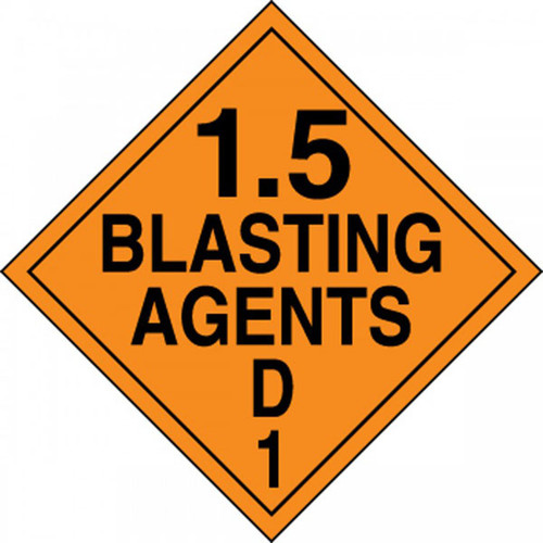 An orange and black photograph of a 03088 dot explosives placard, reading 1.5 Blasting Agents D 1.