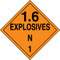An orange and black photograph of a 03089 DOT explosives placard, reading 1.6 explosives N 1. 