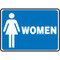 A photograph of a blue and white 03458 restroom sign, reading women with female graphic.