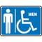 A photograph of a blue and white 03459 restroom sign, reading men with male and wheelchair graphic, in landscape orientation.