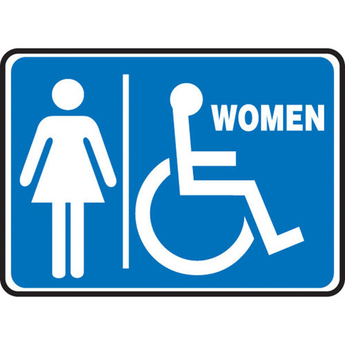 A photograph of a blue and white 03460 restroom sign, reading women with female and wheelchair graphic, in landscape orientation.