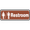 A photograph of a brown and white 03464 restroom sign with graphic, and dimensions 10" w x 3" h.
