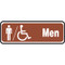 A photograph of a brown and white 03465 accessible men restroom sign with graphics, and dimensions 10" w x 3" h.