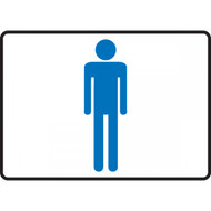 A photograph of a blue and white 03467 restroom sign with male icon.