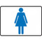 A photograph of a blue and white 03467 restroom sign with female icon.
