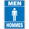 A photograph of a blue and white 03469 bilingual english/french restroom sign with graphic, reading men/hommes.