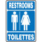 A photograph of a blue and white 03469 bilingual english/french restroom sign with graphics, and text restrooms/toilettes.