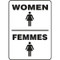 A photograph of a black and white 03470 bilingual english/french restroom sign with graphics, reading women/femmes.