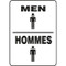 A photograph of a black and white 03470 bilingual english/french restroom sign with graphics, reading men/hommes.