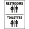 A photograph of a black and white 03470 bilingual english/french restroom sign with graphics, reading restrooms/toilettes.