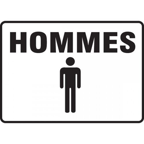 A photograph of a black and white 03471 french restroom sign graphic, reading hommes.