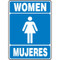 A photograph of a blue and white 03472 bilingual english/spanish restroom sign with graphic, reading women/mujeres.