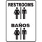 A photograph of a black and white 03473 bilingual english/spanish restroom sign with graphics, reading restrooms/banos.