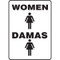 A photograph of a black and white 03473 bilingual english/spanish restroom sign with graphics,  reading women/damas.