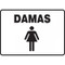 A photograph of a black and white 03474 spanish restroom sign with graphic, reading damas .