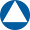 A photograph of a 03481 gender-neutral California Title 24 ADA restroom sign.  This sign has a white triangle on a blue circle.