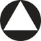 A photograph of a black 03481 gender-neutral California Title 24 ADA restroom sign.  This sign has a white triangle on a black circle.