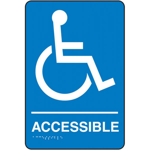 A photograph of a blue and white 03501 accessible ADA braille tactile sign, with international accessibility symbol, and dimensions 6" x 9". 
