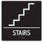A photograph of a white on black 03502 ADA braille tactile sign, reading stairs with stairs icon.