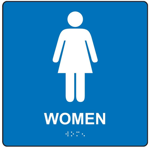 A photograph of a blue 03513 ADA braille tactile restroom sign, reading women with female icon, and dimensions 8"w x 8"h.