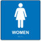 A photograph of a blue 03513 ADA braille tactile restroom sign, reading women with female icon, and dimensions 8"w x 8"h.