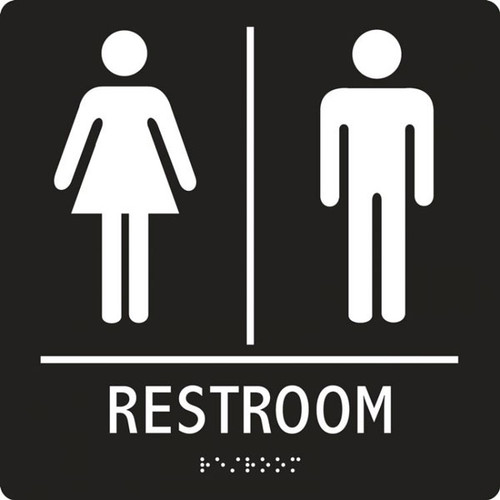A photograph of a black 03510 ADA braille tactile sign, reading restroom with female and male icons, and dimensions 8"w x 8"h.
