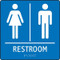 A photograph of a blue 03510 ADA braille tactile sign, reading restroom with female and male icons, and dimensions 8"w x 8"h.
