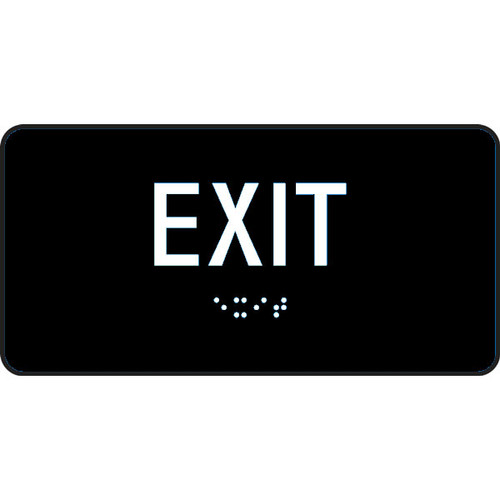 A photograph of a black 03504-BK-0603 ADA braille tactile sign reading exit.