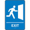 A photograph of a blue 03505 ADA braille tactile sign, reading exit with person at exit graphic.