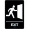 A photograph of a black 03505 ADA braille tactile sign, reading exit with person at exit graphic.
