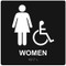 A photograph of a black 03520 ADA braille tactile handicap accessible women's restroom sign, reading WOMEN with accessibility icon, and dimensions 8"w x 8"h.