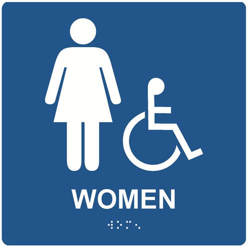 A photograph of a blue 03520 ADA braille tactile handicap accessible women's restroom sign, reading WOMEN with accessibility icon, and dimensions 8"w x 8"h.